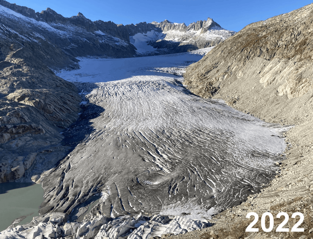 Melting ice exposes bare rock on a Swiss glacier, as rising temperatures accelerate the loss of ice across the Alps.